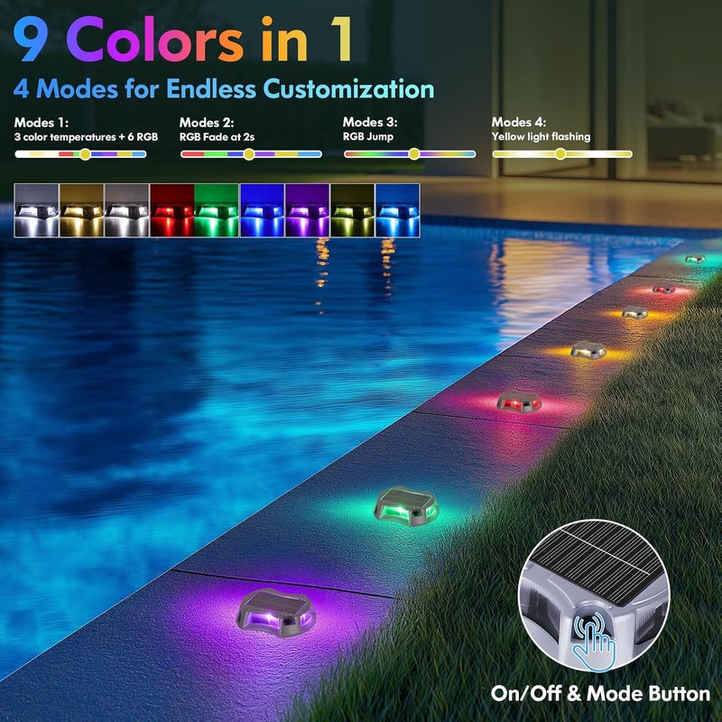 Bosceos Solar Driveway Lights Outdoor 4-Pack, Solar Deck Lights RGB Color Modes Dock Light Waterproof Driveway Markers Step Light for Sidewalk Stair Garden Pathway Walkway Yard - Image 3